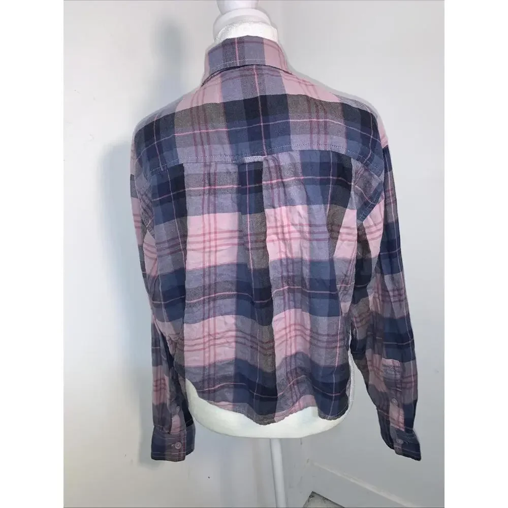 American Eagle Outfitters Cropped Flannel Shirt Sz Small Pink Blues - Picture 6 of 12